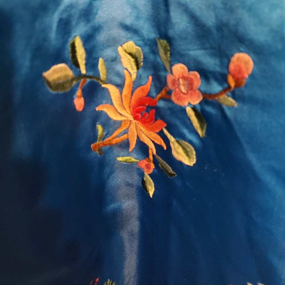 Blue Embroidered Satin Top with Floral Motif - Picture 5 of 16